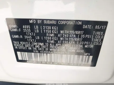 2017 Subaru Outback 2.5I VIN 4S4BSAAC5H3400711 фото 10