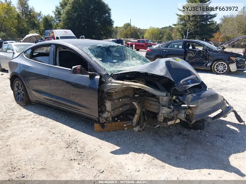 5YJ3E1EB3LF663972 Tesla Model 3 2020 — повреждение Левый бок, фото до ремонта