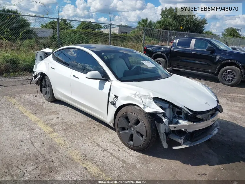 5YJ3E1EB6MF948070 Tesla Model 3 2021 — повреждение Передняя и задняя части, фото до ремонта