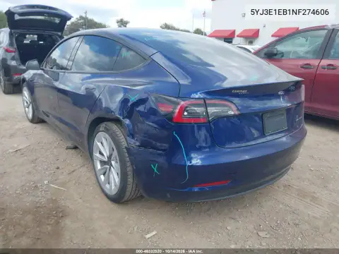 5YJ3E1EB1NF274606 — 2022 Tesla Model 3, фото 3 с аукциона IAAI, Сзади слева