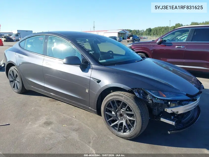 2024 Tesla Model 3 Long Range Dual Motor Rear-Wheel Drive/Rear-Wheel Drive VIN 5YJ3E1EA1RF831625 фото 1