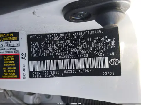2011 Toyota Avalon Limited VIN 4T1BK3DBXBU374459 фото 10