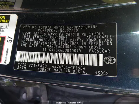 2020 Toyota Camry Se Awd VIN 4T1G11BK6LU010640 фото 9