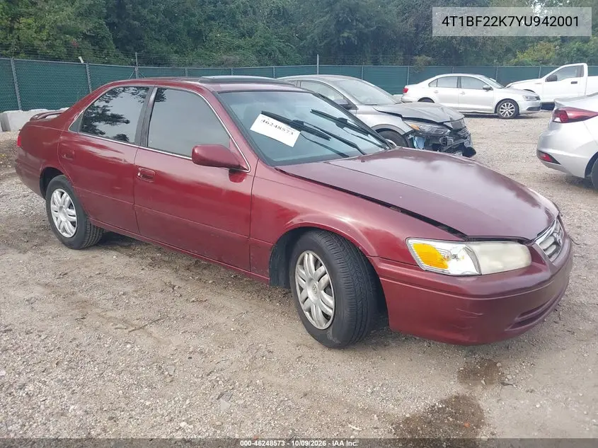 2000 Toyota Camry Le V6 VIN 4T1BF22K7YU942001 фото 1