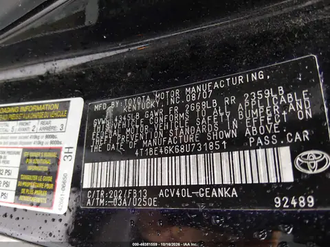 4T1BE46K68U731851 — 2008 Toyota Camry, Естественный износ, фото до ремонта