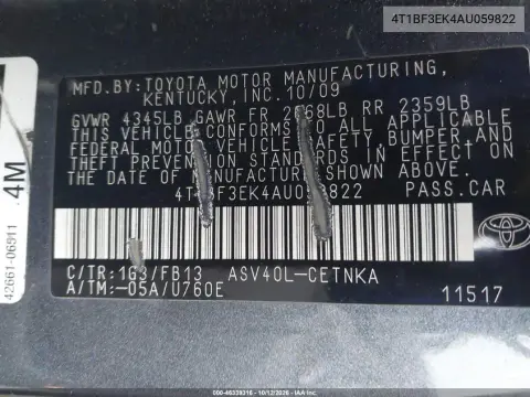 2010 Toyota Camry Le VIN 4T1BF3EK4AU059822 фото 9