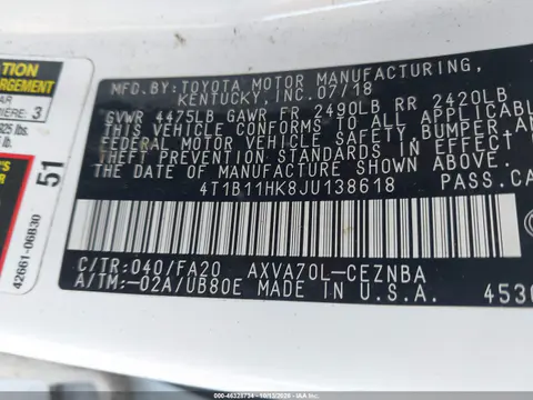2018 Toyota Camry Le VIN 4T1B11HK8JU138618 фото 10