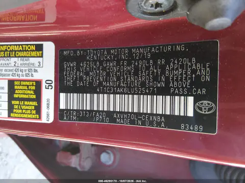 2020 Toyota Camry Le Hybrid VIN 4T1C31AK6LU525471 фото 10