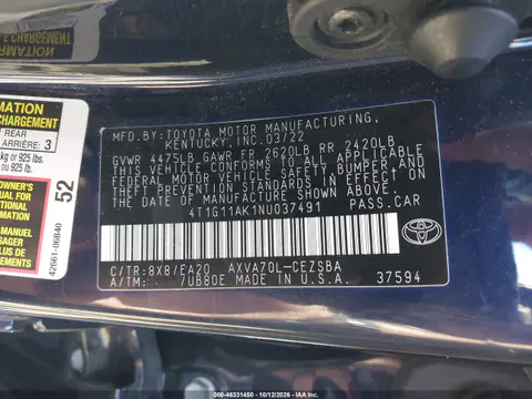 2022 Toyota Camry Se VIN 4T1G11AK1NU037491 фото 10