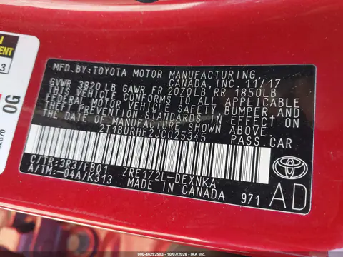 2018 Toyota Corolla Le VIN 2T1BURHE2JC025345 фото 9