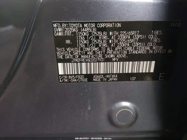 JTMZFREV6ED027931 — 2014 Toyota RAV4 LE, фото 9 с аукциона IAAI 13.10.2026, Естественный износ