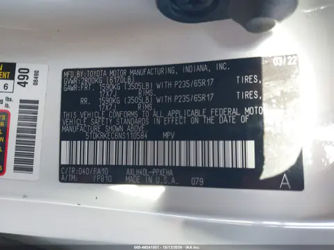 2022 Toyota Sienna Le VIN 5TDKRKEC6NS110584 фото 10