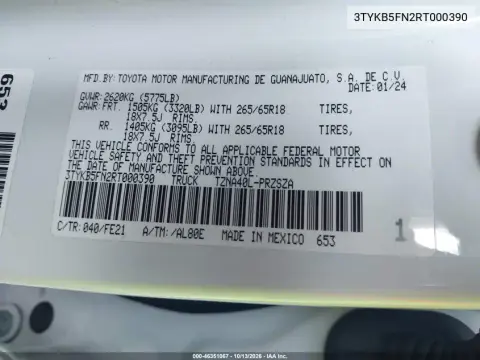 3TYKB5FN2RT000390 — 2024 Toyota Tacoma, Левая сторона, фото до ремонта