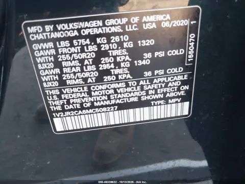 2021 Volkswagen Atlas 3.6L V6 Se W/Technology VIN 1V2JR2CA6MC508227 фото 10