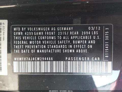 2012 Volkswagen Gti 2-Door VIN WVWFV7AJ4CW294466 фото 10