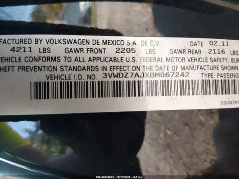 2011 Volkswagen Jetta 2.5L Se VIN 3VWDZ7AJXBM067242 фото 10