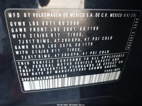 2021 Volkswagen Tiguan 2.0t Se/2.0t Se R-line Black/2.0t Sel VIN 3VV2B7AX3MM010145 фото 9